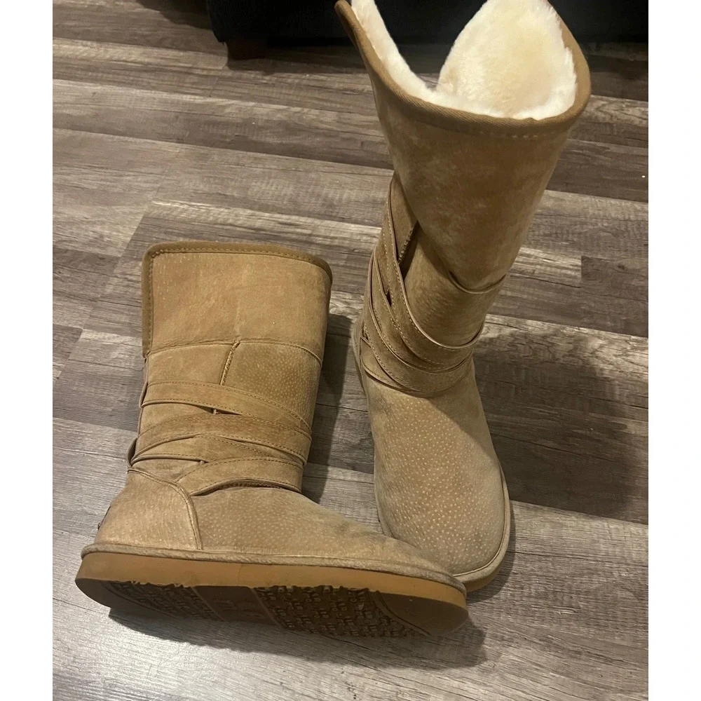 Lamo Women Tan Suede Faux Fur Fold Over Tall Winter Boots Strappy Chestnut